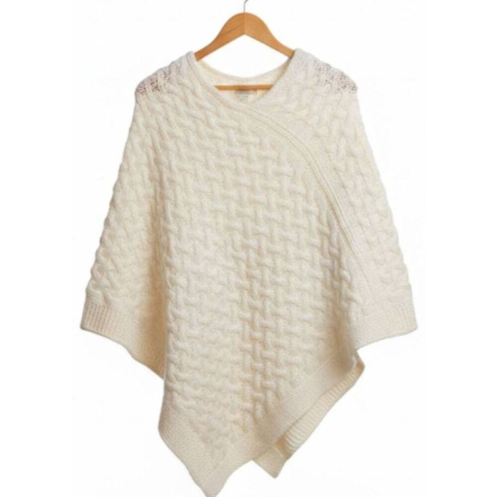 Cocogio womens medium poncho sweater wool cable knit Italian cream ivory